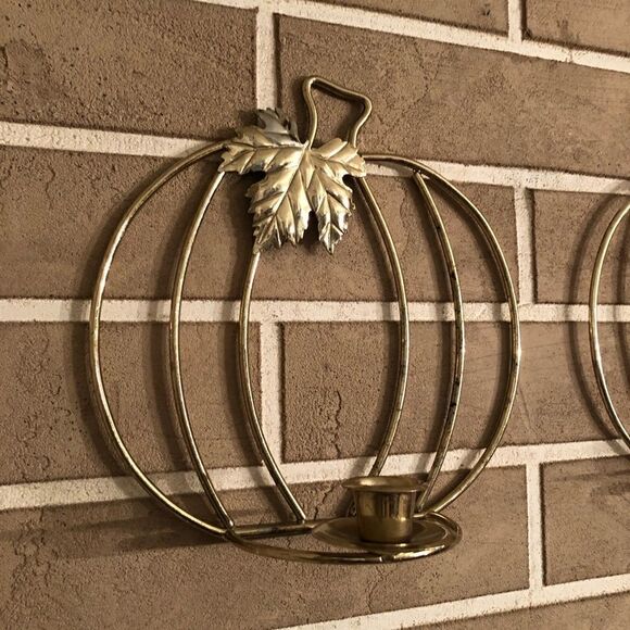 Vintage Pumpkin Wall Hanging Candlestick Holders in Gold Lot of 2 - Picture 2 of 15